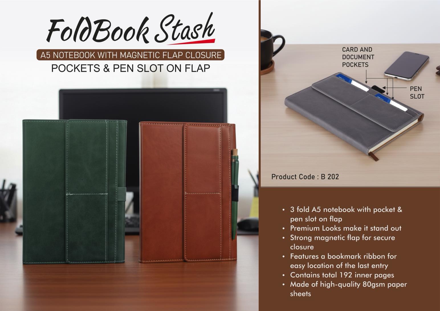 FoldBook Stash: A5 Notebook with magnetic flap closure |
Pockets & Pen slot on Flap | A5 size | With memorandum &
Bookmark ribbon