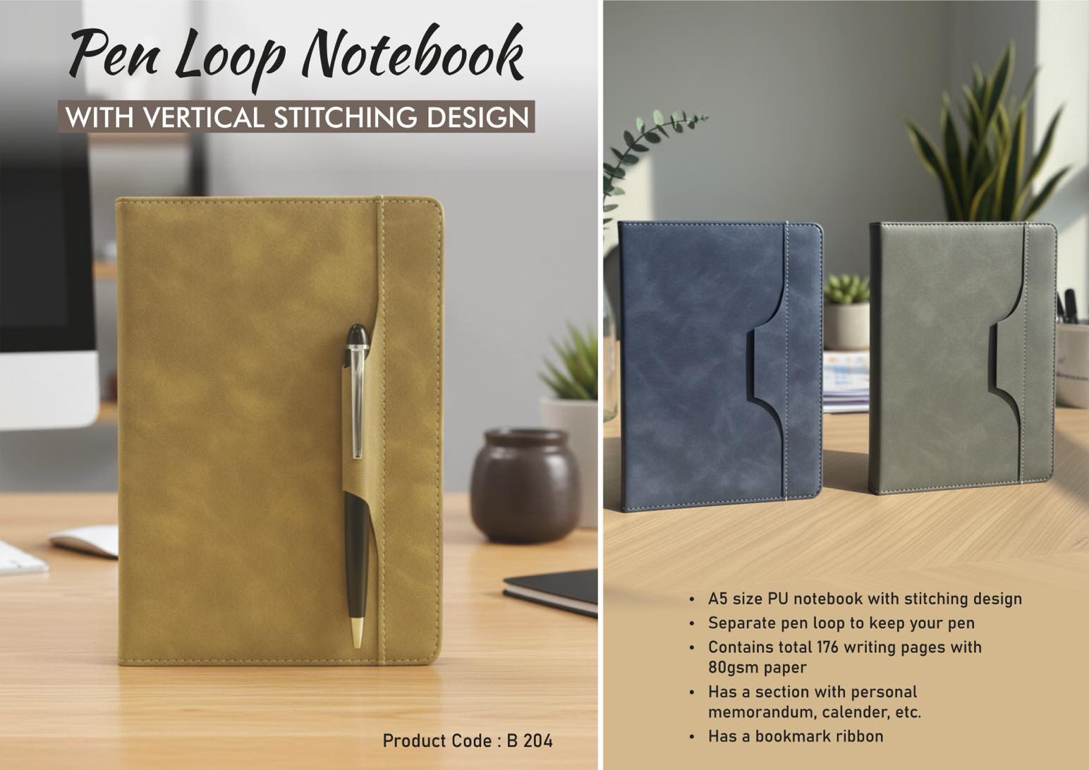 Pen Loop notebook with Vertical Stitching design and bookmark
ribbon