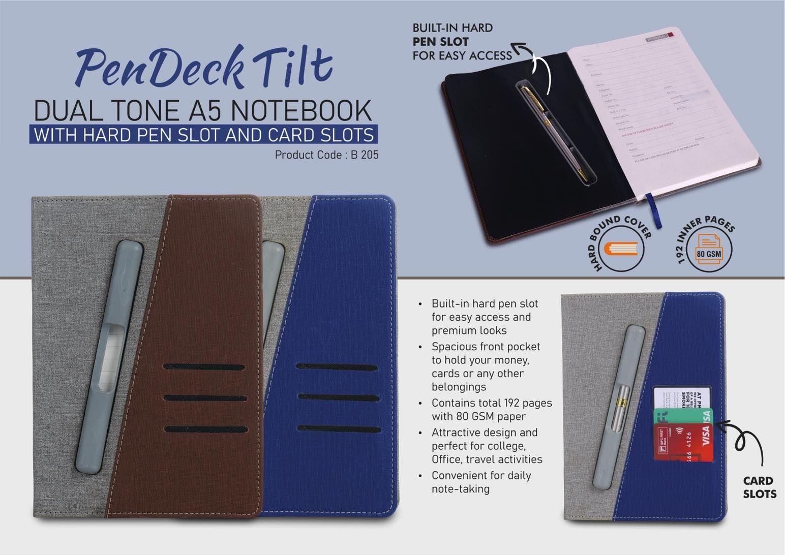 PenDeck Tilt: Dual tone A5 Notebook with Hard pen slot and
card slots