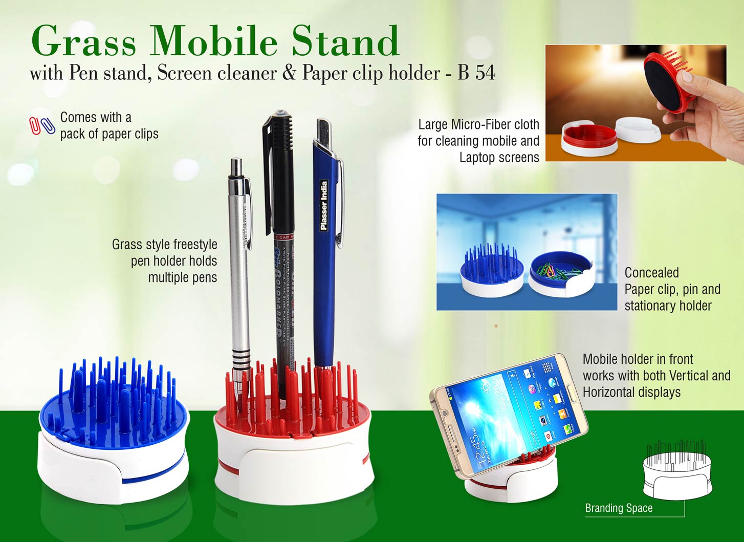 Grass Mobile stand with Pen stand, screen cleaner & paper clip
holder