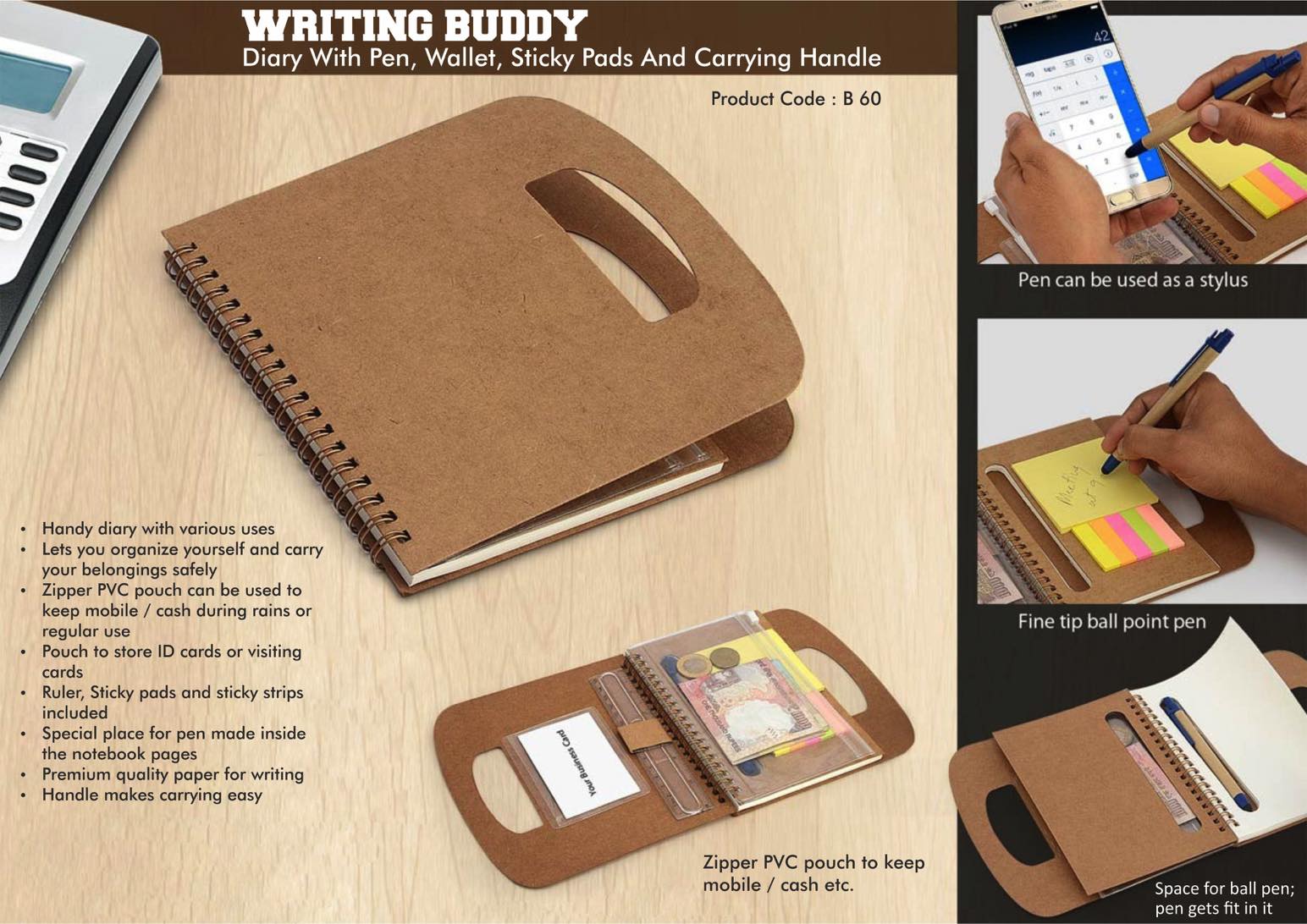 Writing buddy: Diary with pen, wallet, sticky pads and carrying
handle (60 sheets)