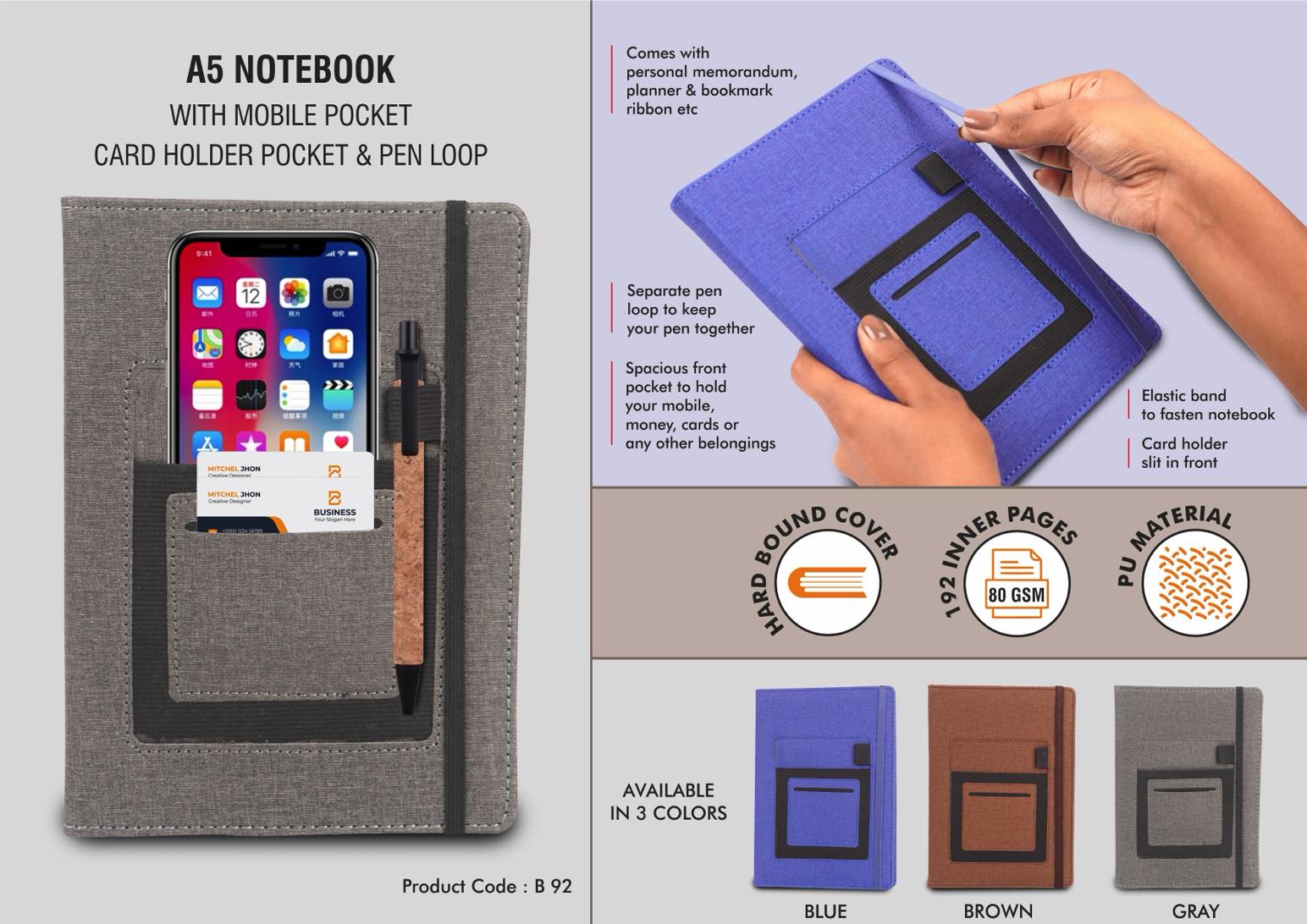 A5 notebook with mobile pocket, card holder pocket & pen loop
by Castillo Milano -
https://youtu.be/jSFUoUpH084