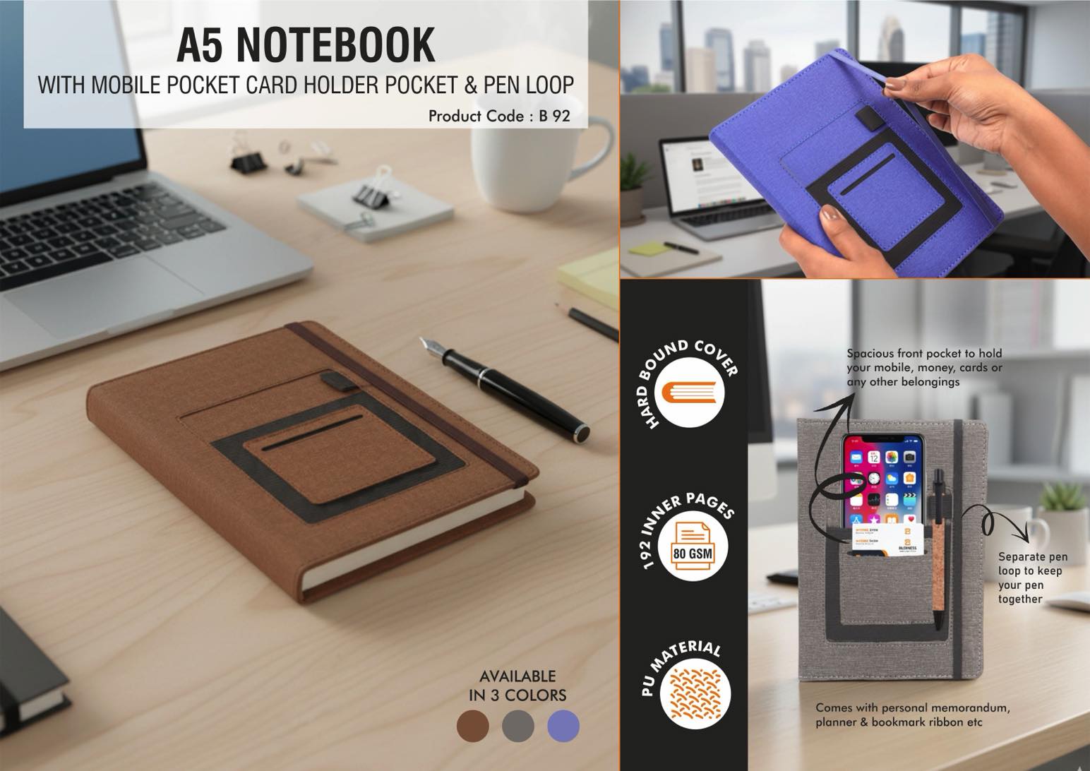 A5 notebook with mobile pocket, card holder pocket & pen loop
by Castillo Milano | Made in India -
https://youtu.be/jSFUoUpH084