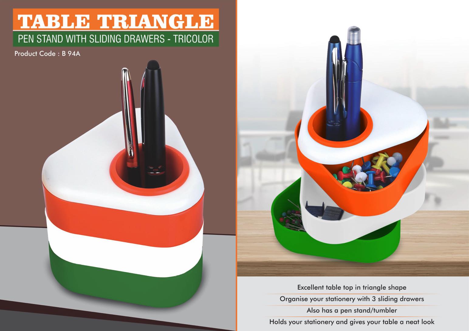 Table triangle: Pen stand with sliding drawers- Tricolor