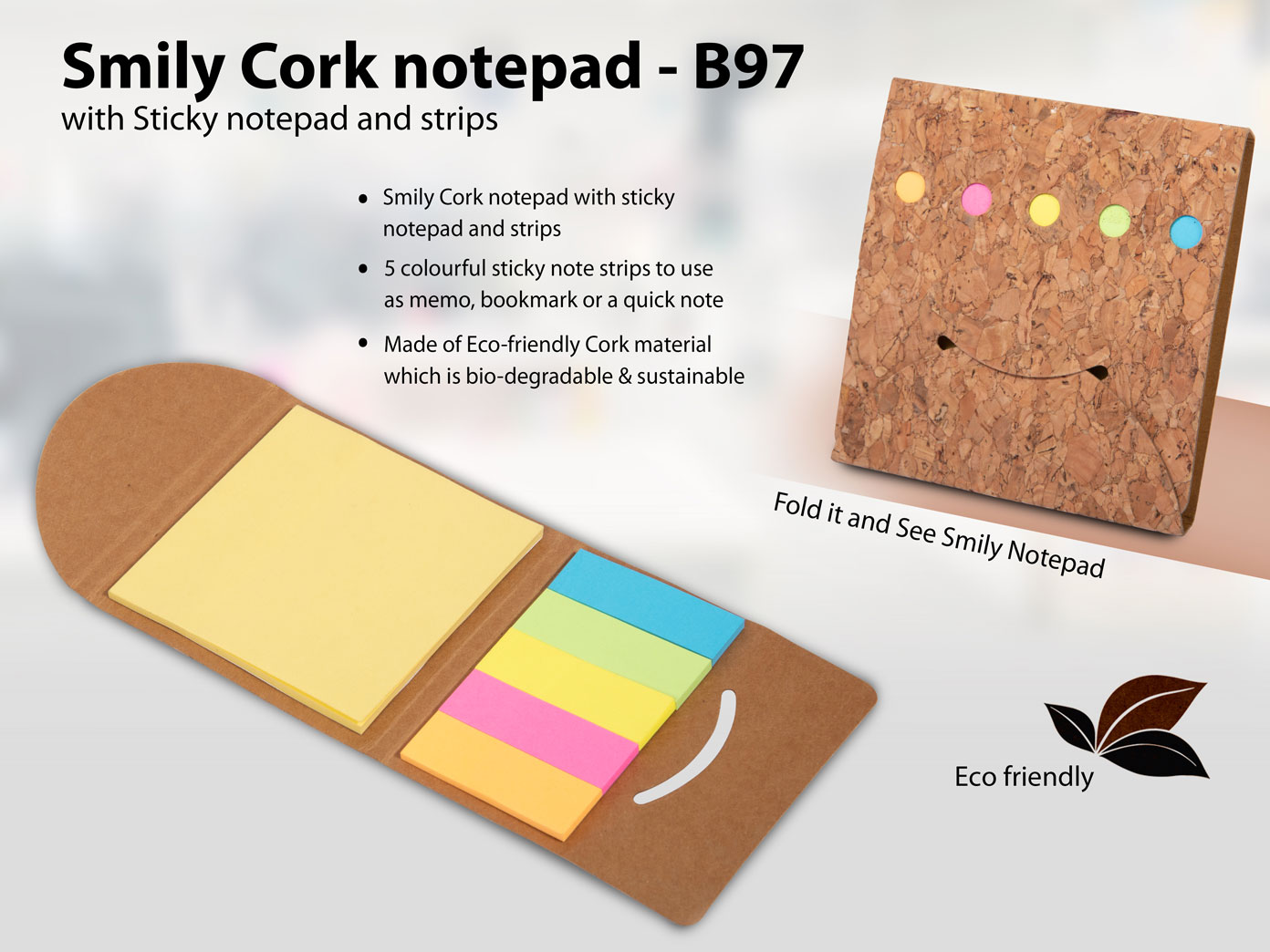 Smiley Cork notepad with Sticky notepad and strips