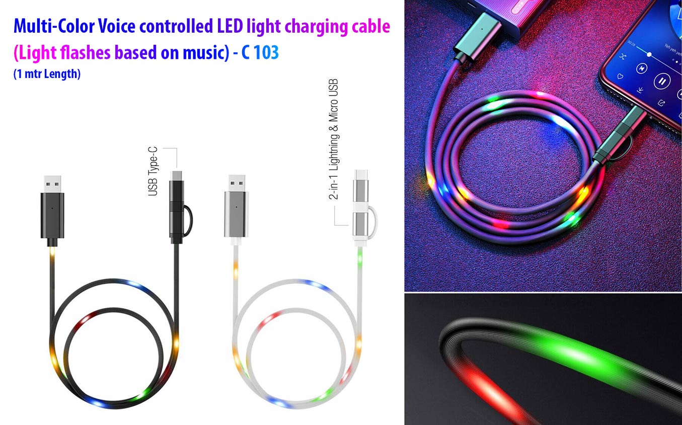 Voice controlled LED light charging cable (Multicolor) | Light
flashes based on music | 1 mtr Length