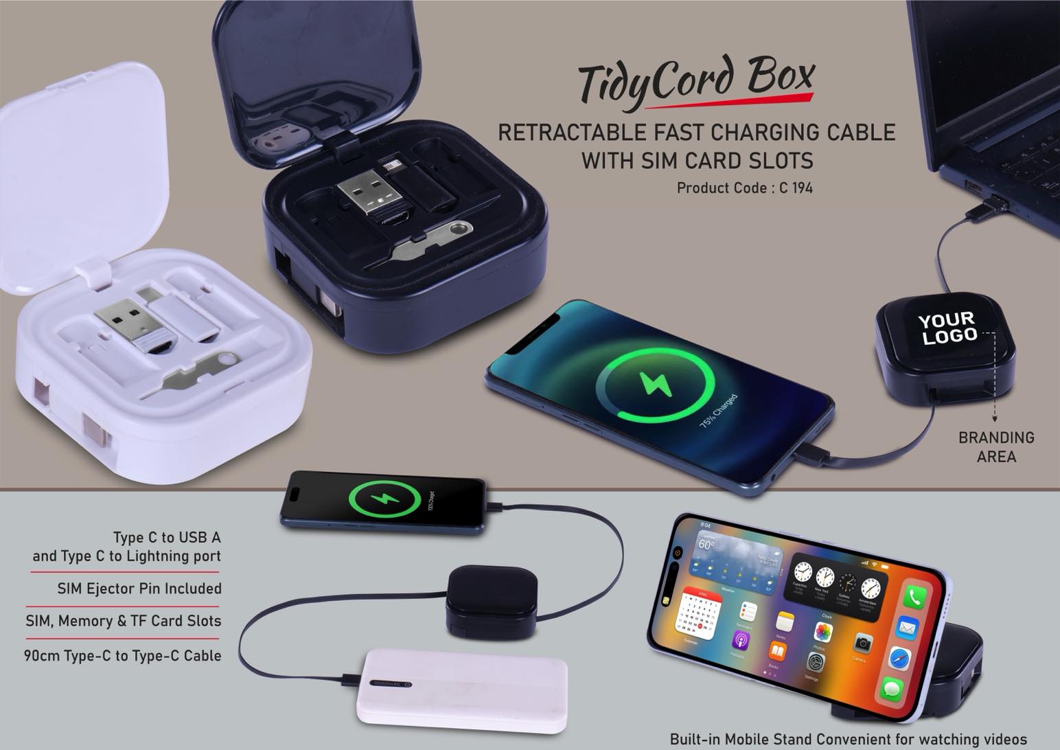 TidyCord Box: Retractable Fast Charging cable with Sim card
slots and phone stand