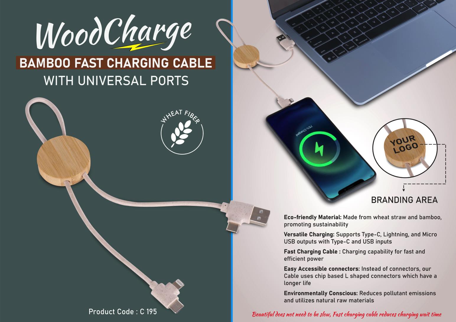 WoodCharge: Bamboo Fast Charging Cable with Universal ports