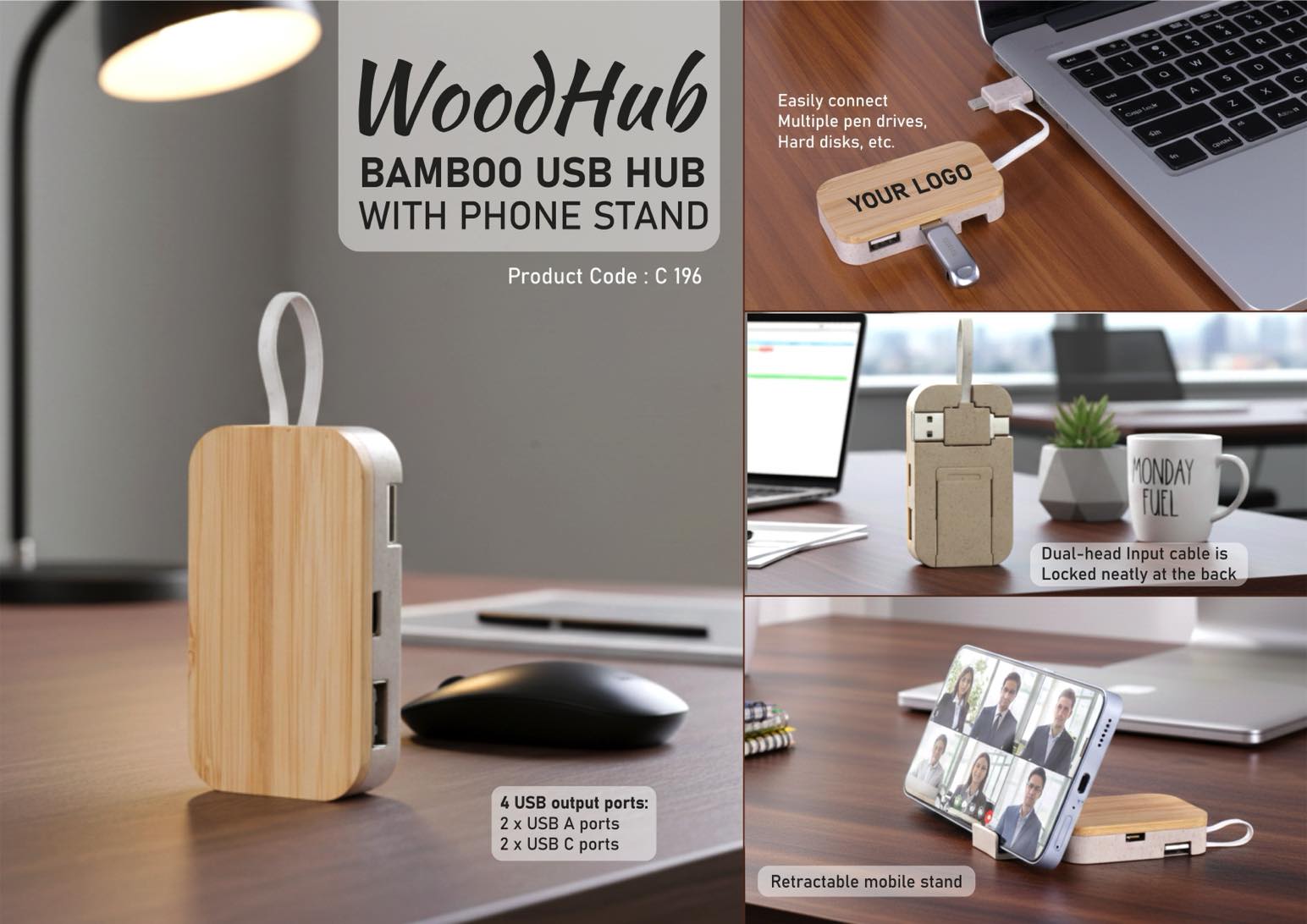 WoodHub: Bamboo USB hub with Phone stand | 4 USB outputs