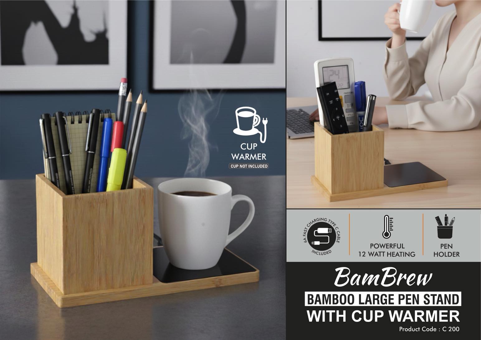 BamBrew: Bamboo Large Pen stand with Cup warmer