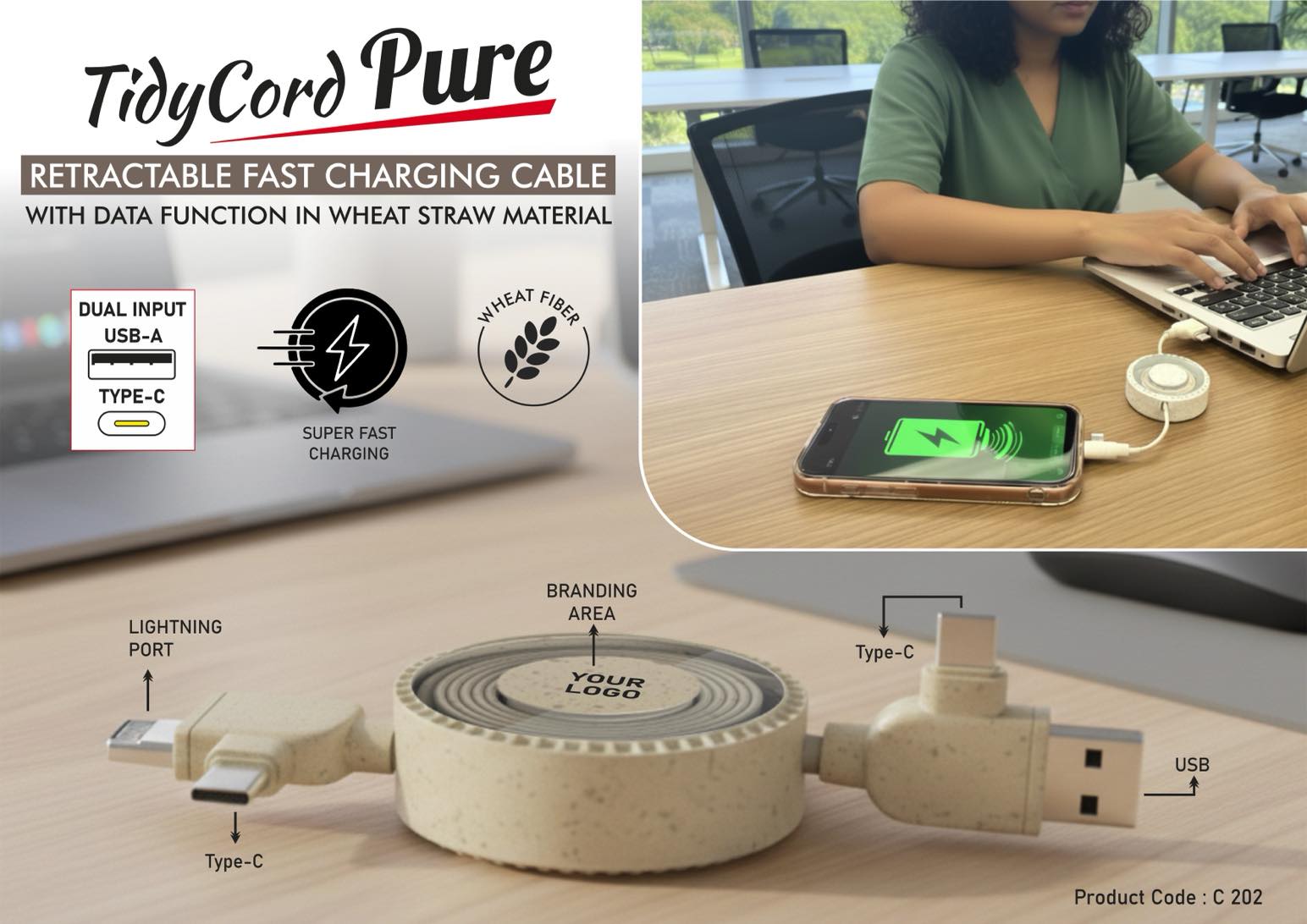 TidyCord Pure: Retractable Fast Charging cable with Data
function in Wheat Straw material | Dual Input