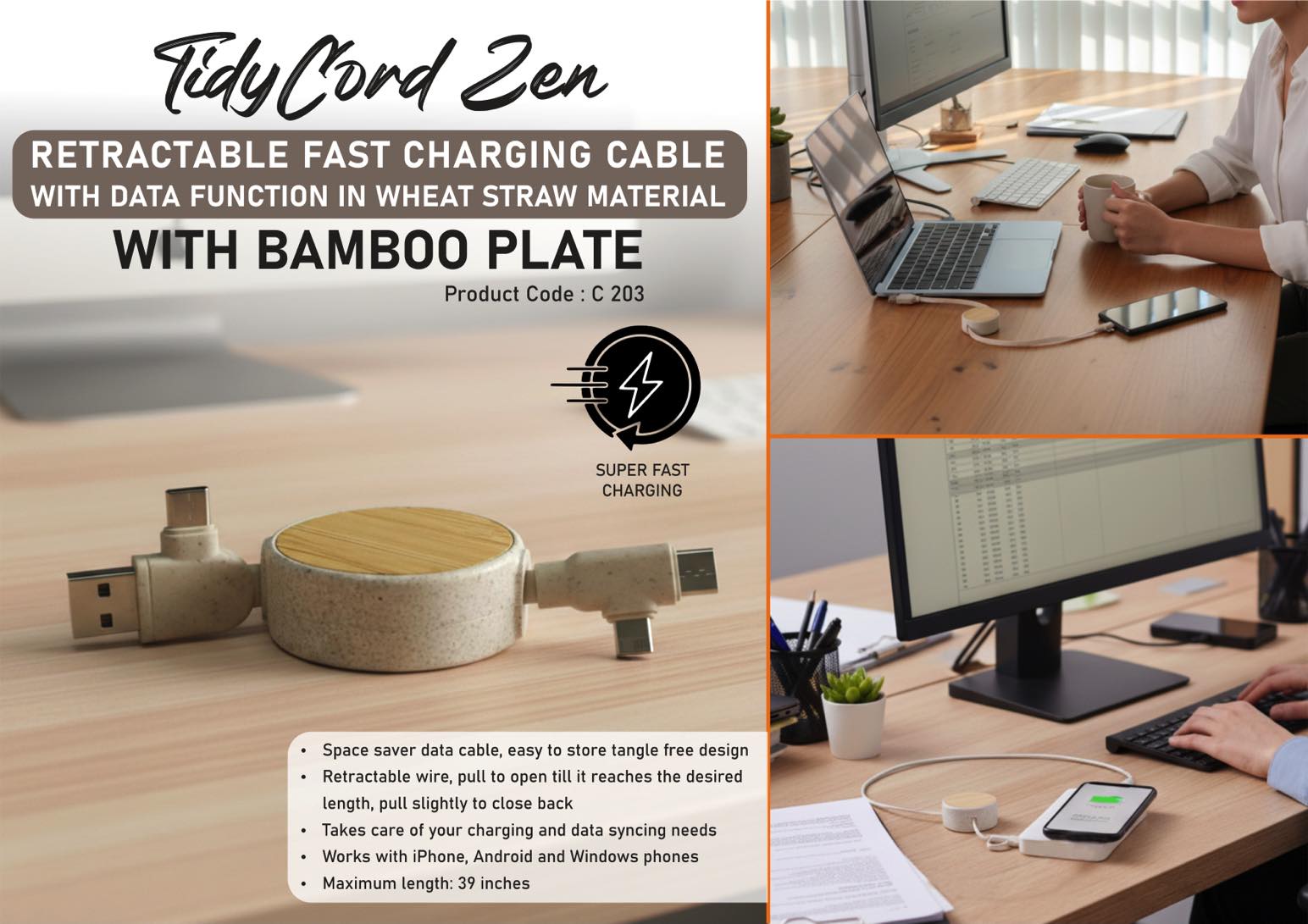 TidyCord Zen: Retractable Fast Charging cable with Data
function in Wheat Straw material with Bamboo plate | Dual Input