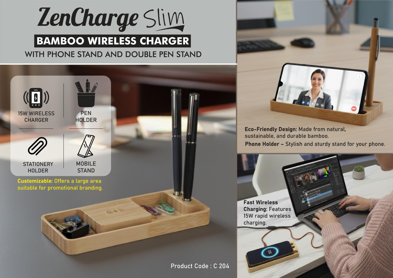 ZenCharge Slim: Bamboo Wireless charger with Phone stand
and double Pen stand | 15W wireless charger
