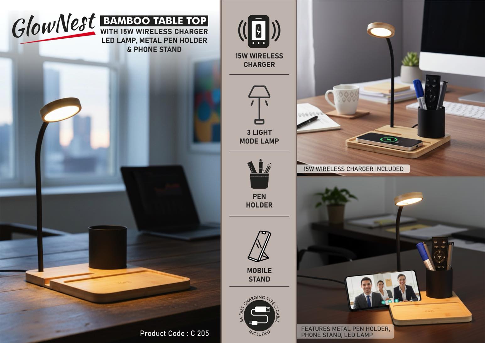 GlowNest: Bamboo Table top with 15W Wireless Charger, LED
Lamp, Metal Pen holder & phone stand