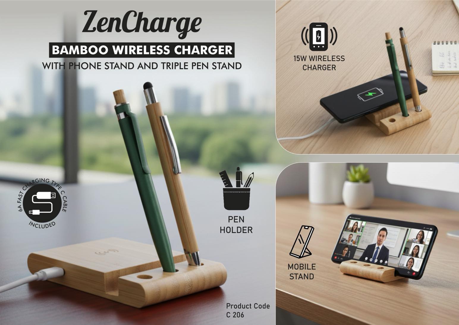 ZenCharge: Bamboo Wireless Charger with phone stand and
triple pen stand | 15W wireless charger