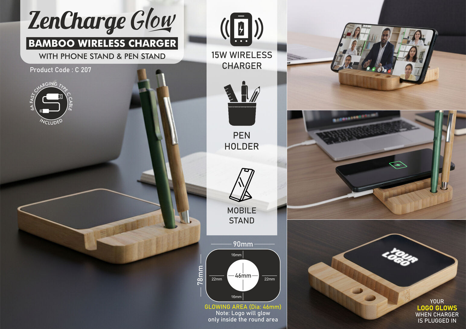 ZenCharge Glow: Bamboo Wireless Charger with Logo Highlight
| Has a phone stand and pen stand | 15W wireless charger