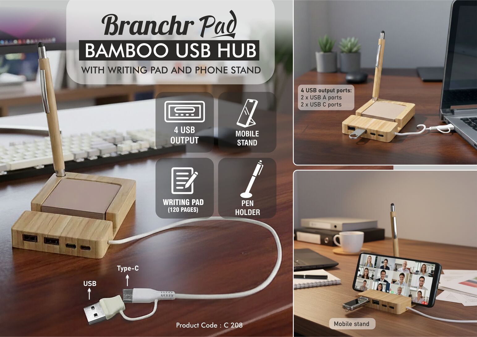 Branchr Pad: Bamboo USB hub with Writing pad and Phone
stand | 120 writing sheets