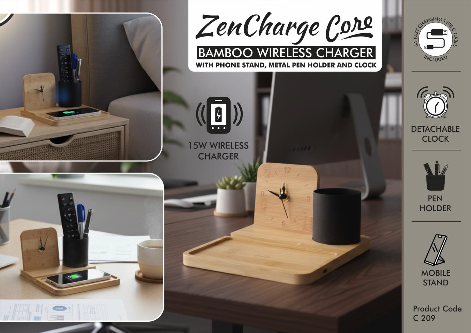 ZenCharge Core: Bamboo Wireless charger with phone stand,
Metal Pen holder and Clock | 15W wireless charger
