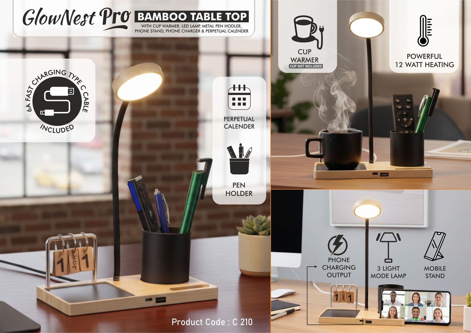 GlowNest Pro: Bamboo Table top with Cup warmer, LED Lamp,
Metal Pen holder, Phone stand & Perpetual calendar