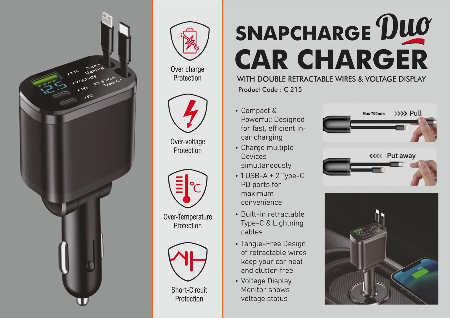 SnapCharge Duo: Car Charger with Double retractable wires &
Voltage Display | Type C & Lightning built-in cables | 1 USB A
and 2 Type C chaging ports | Supports simultaneous multi device
charging