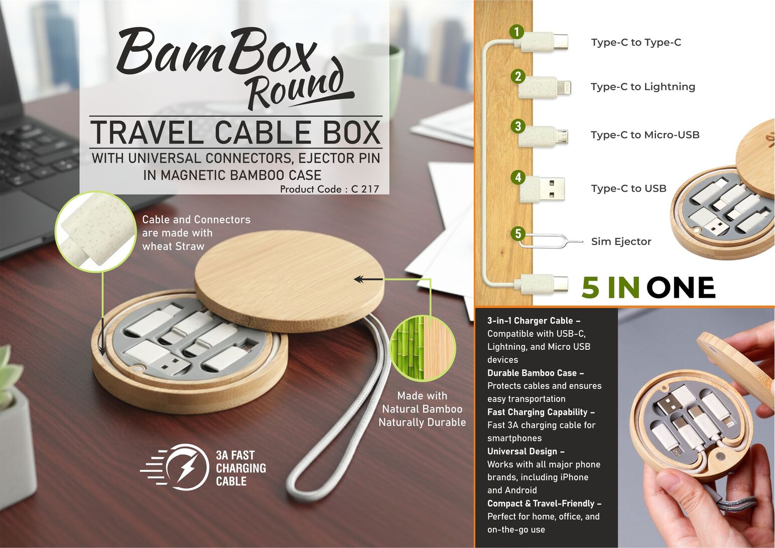 BamBox Round: Travel Cable box with universal connectors,
ejector pin in Magnetic Bamboo Case