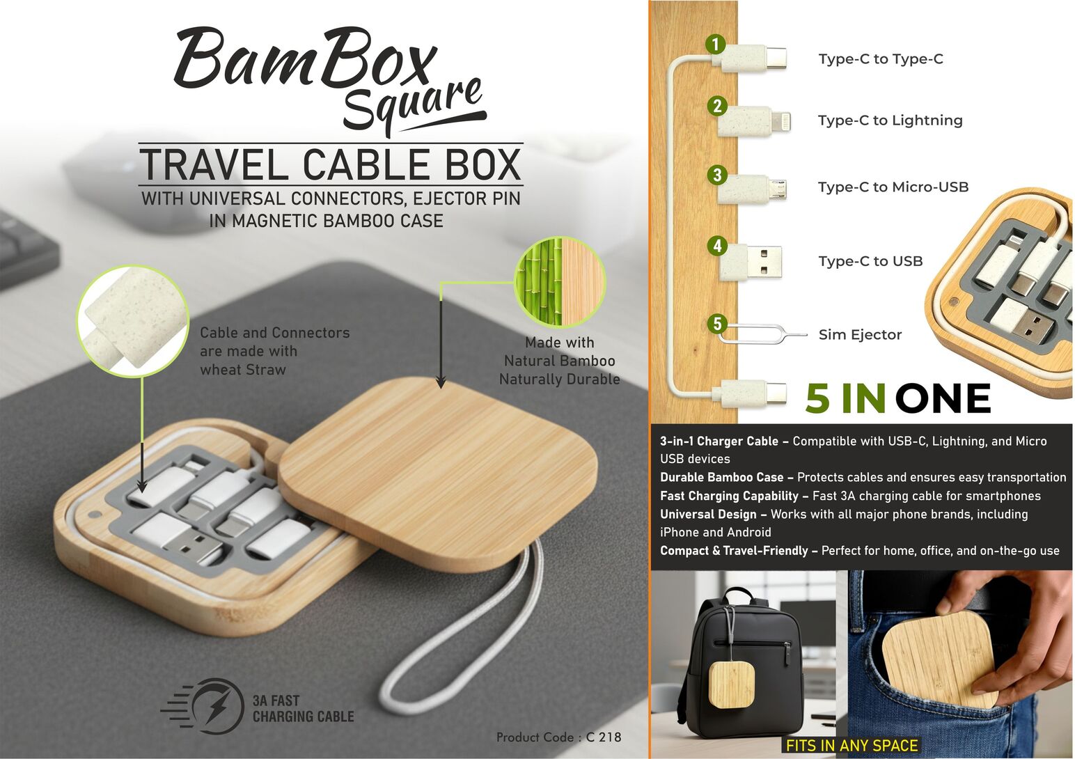 BamBox Square: Travel Cable box with universal connectors,
ejector pin in Magnetic Bamboo Case