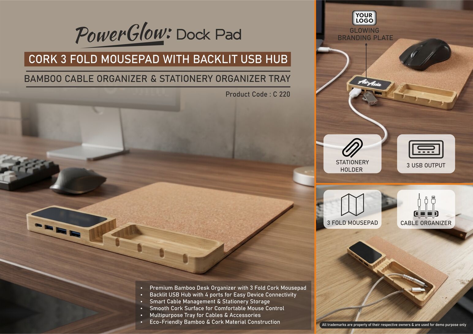 PowerGlow DockPad: Cork 3 fold Mousepad with Backlit Usb
hub | Bamboo Cable organizer & Stationery organizer tray