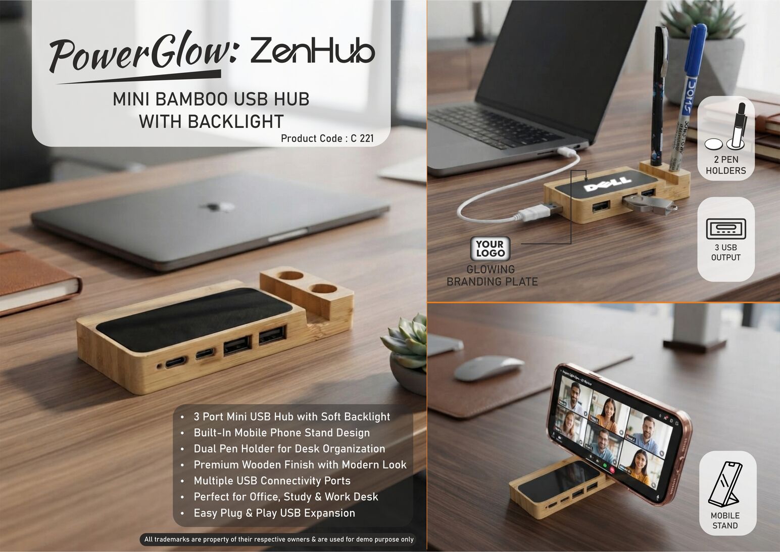 PowerGlow ZenHub: Mini Bamboo USB Hub with Backlight |
Phone stand | Double pen stand