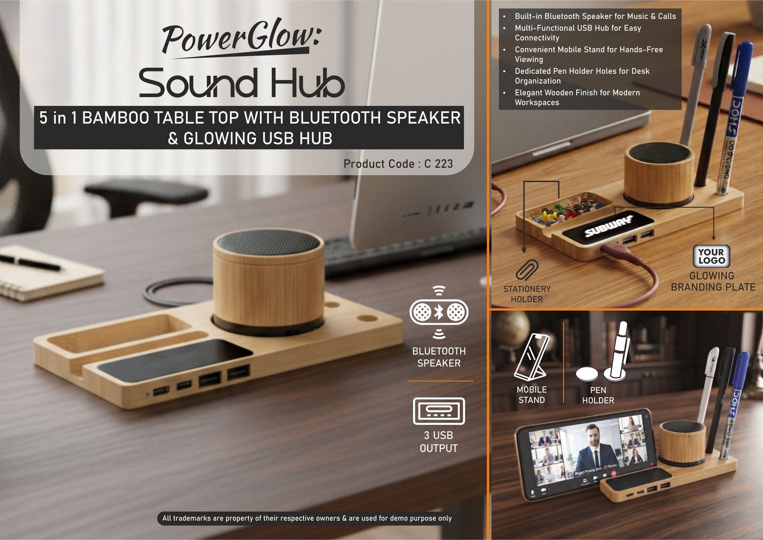 PowerGlow SoundHub: Bamboo Table Top with Bluetooth
Speaker | USB Hub with Backlight | Mobile Stand | Stationery
Holder | Pen Stand