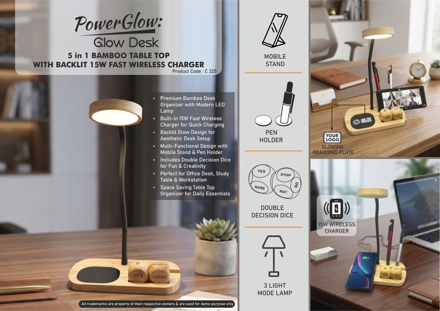 PowerGlow GlowDesk: Bamboo Table Top with LED Lamp |
Backlit 15W Fast Wireless Charger | Double Decision Dice |
Mobile Stand | Pen Stand
