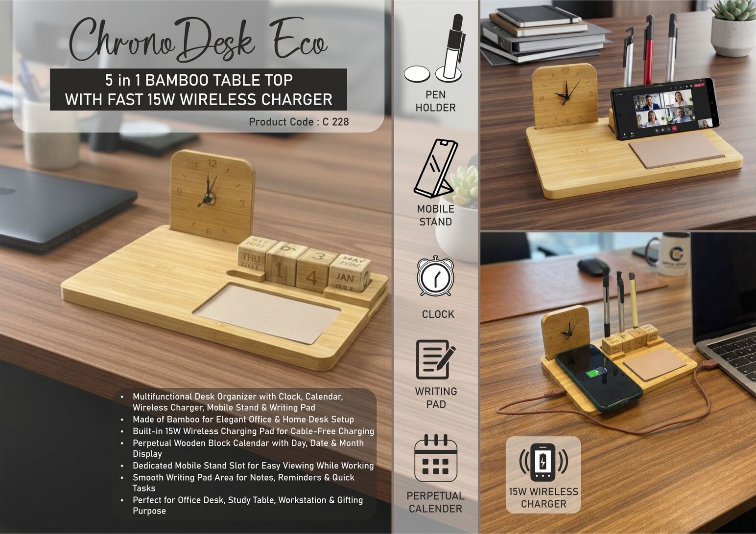 ChronoDesk Eco: Bamboo Table Top with Clock | Perpetual
Calendar | 15W Fast Wireless Charger | Mobile Stand | Writing
Pad