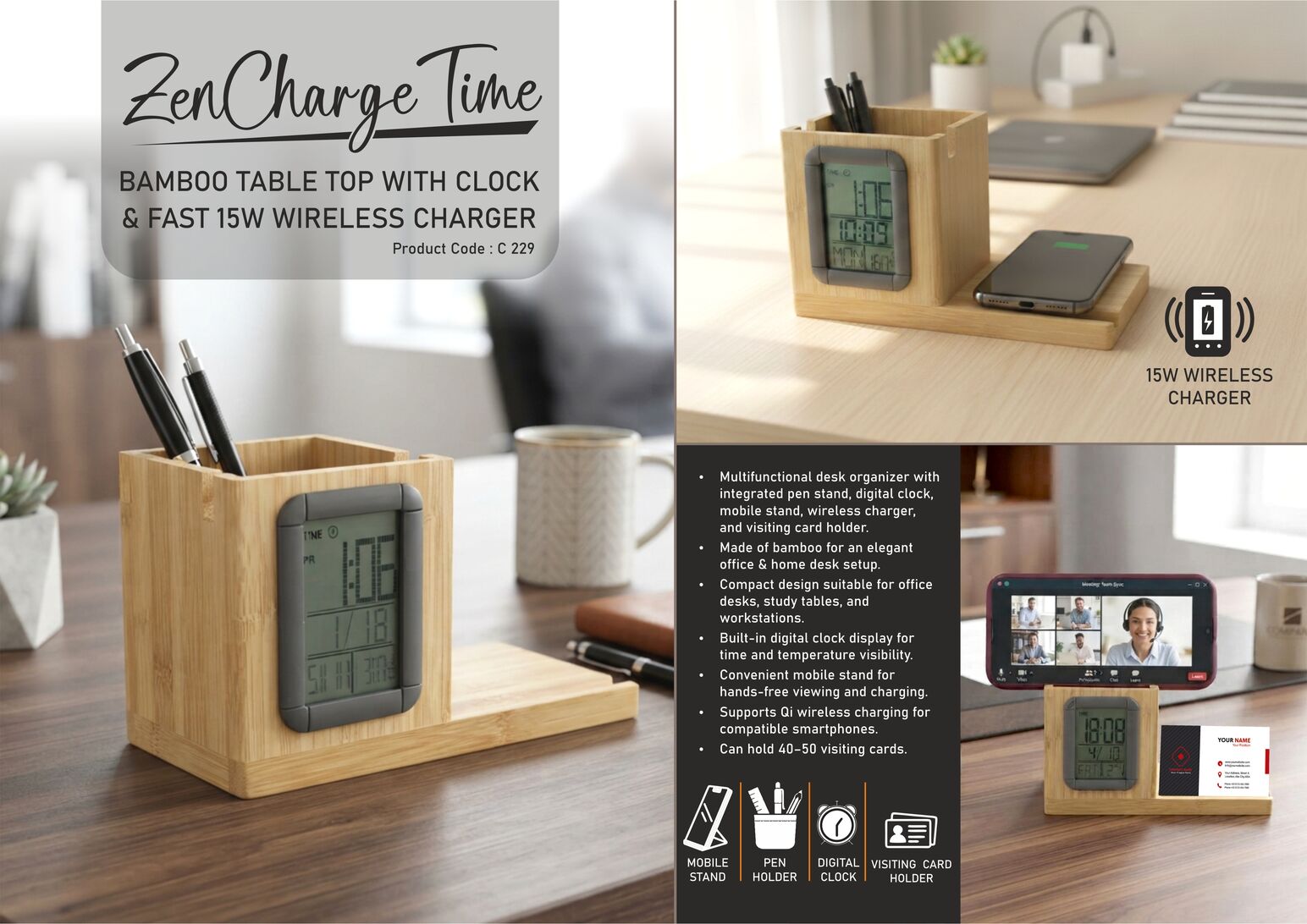 ZenCharge Time: Bamboo Pen Stand with Clock | Mobile Stand |
15W Fast Wireless Charger | Visiting Card Holder | Can hold 30-
35 cards