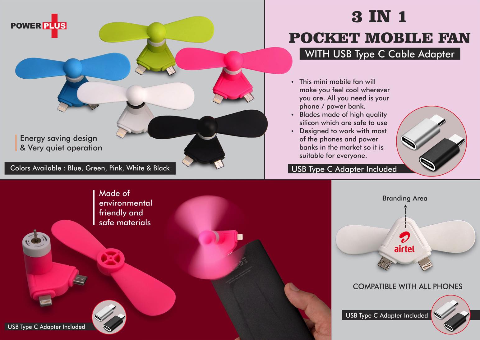 Pocket Mobile Fan for anywhere Cooling | Works with Micro
USB, iPhone & Type C ports