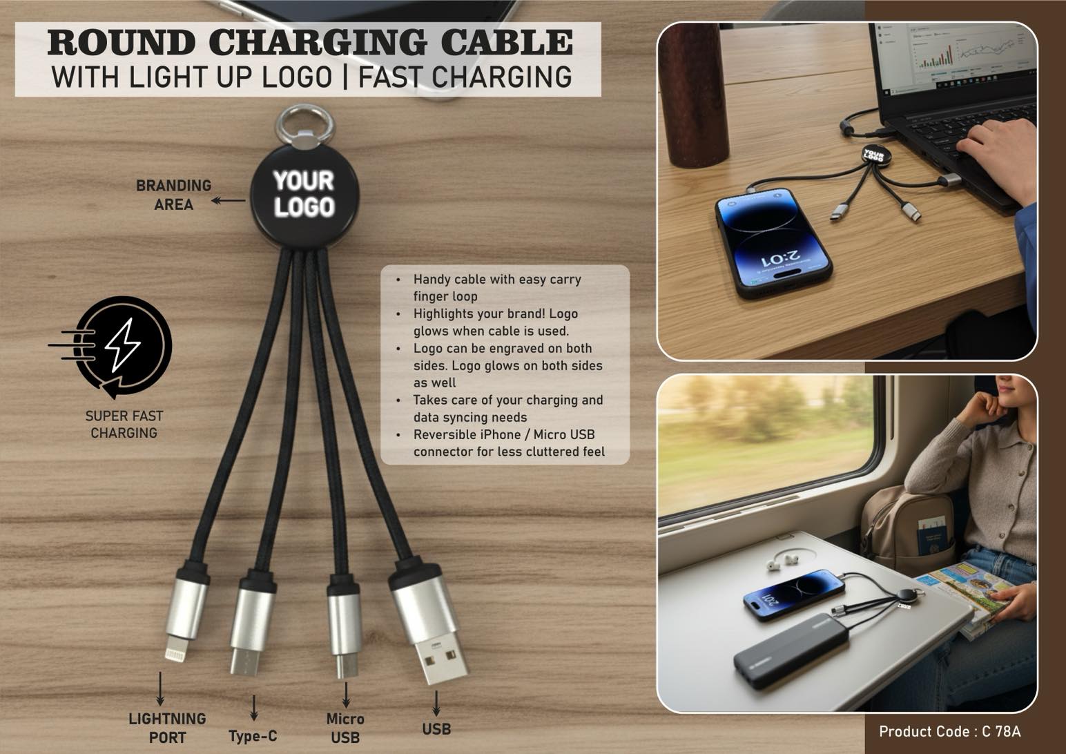Round charging cable with light up logo | Fast Charging