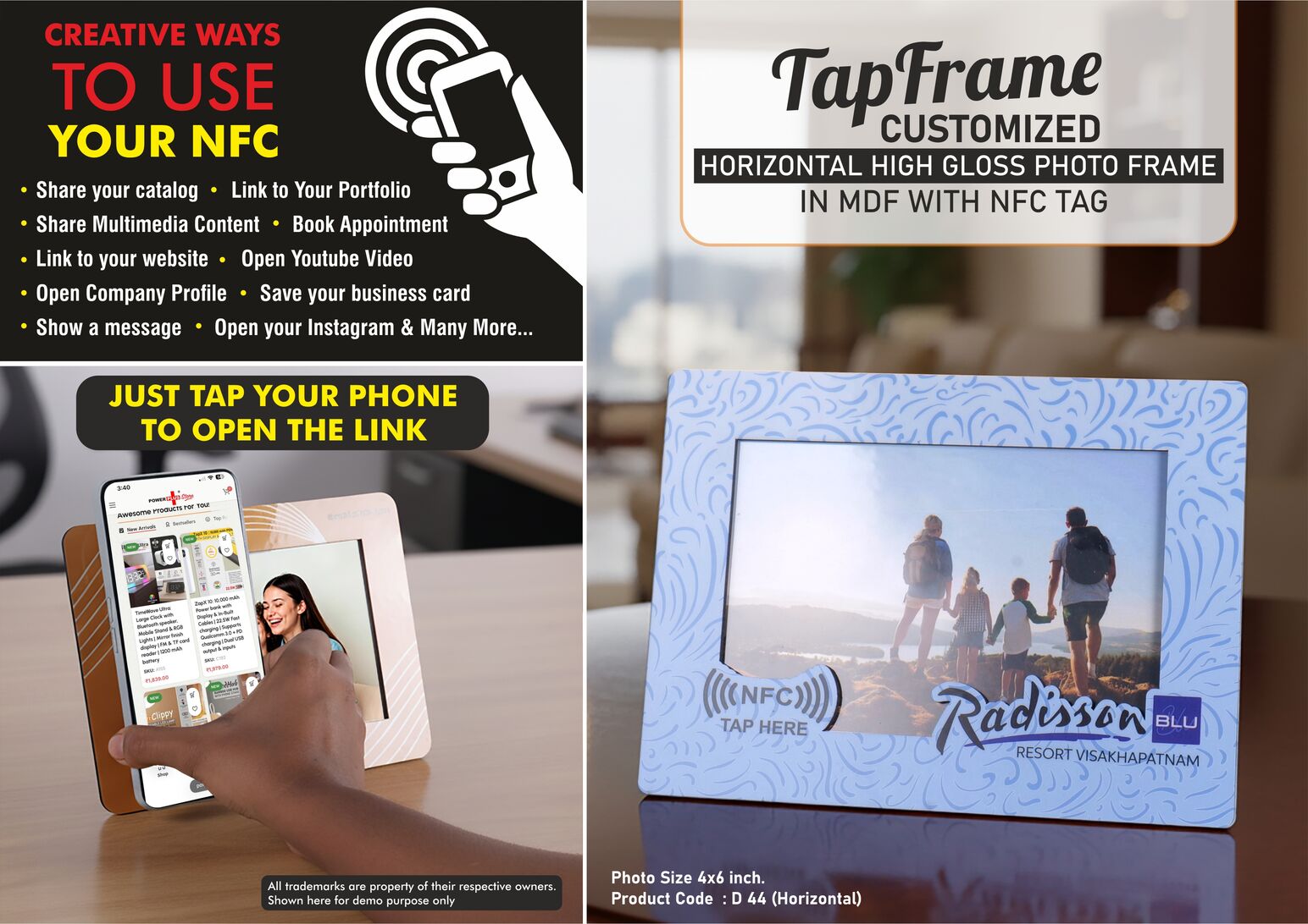 TapFrame: Customized High Gloss Photo Frame in MDF with
NFC tag | Link to your Catalog, Website, Video, etc | Photo size
4x6 inch | Horizontal -
https://youtu.be/6wgnLwSvRaM