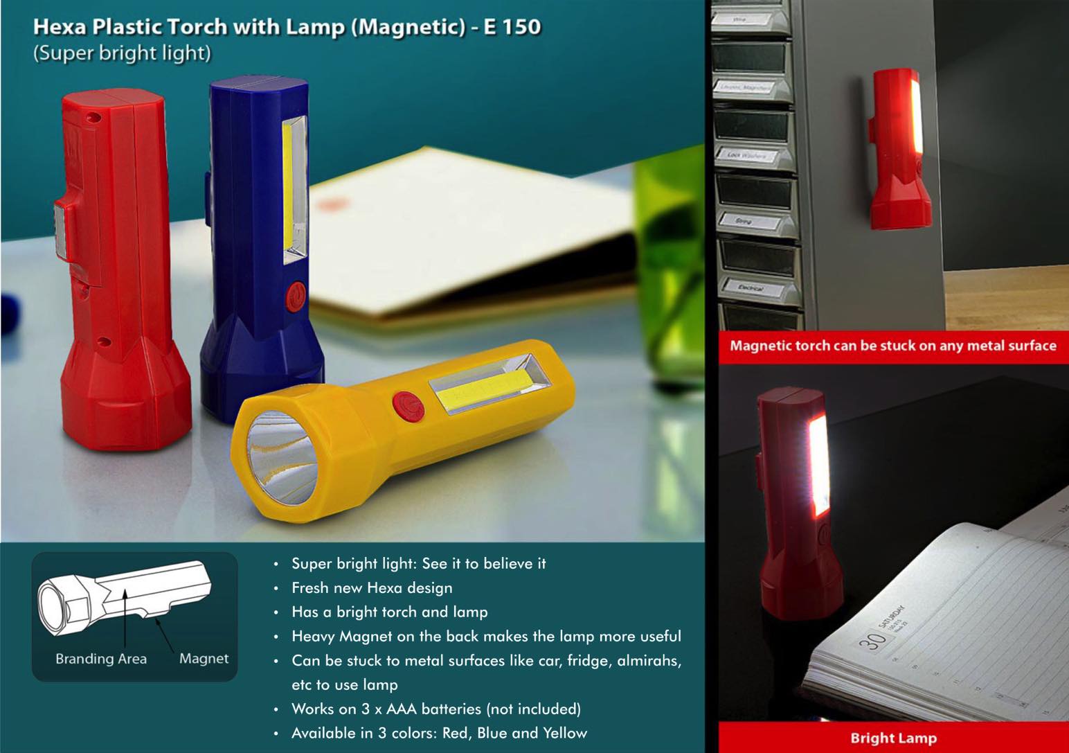 Hexa plastic torch with lamp (magnetic)