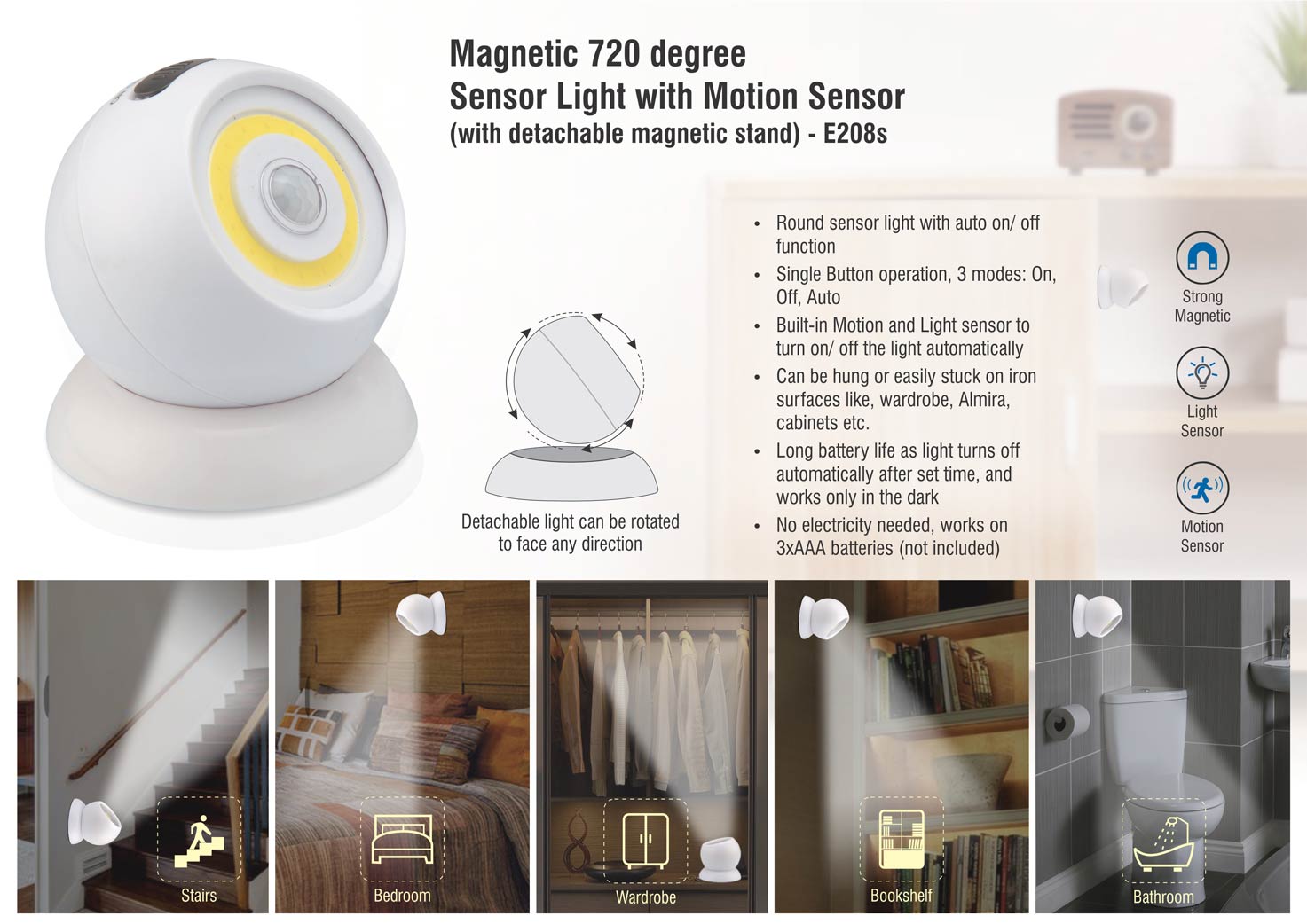 Magnetic 720 degree Sensor light with motion sensor (with
detachable magnetic stand)