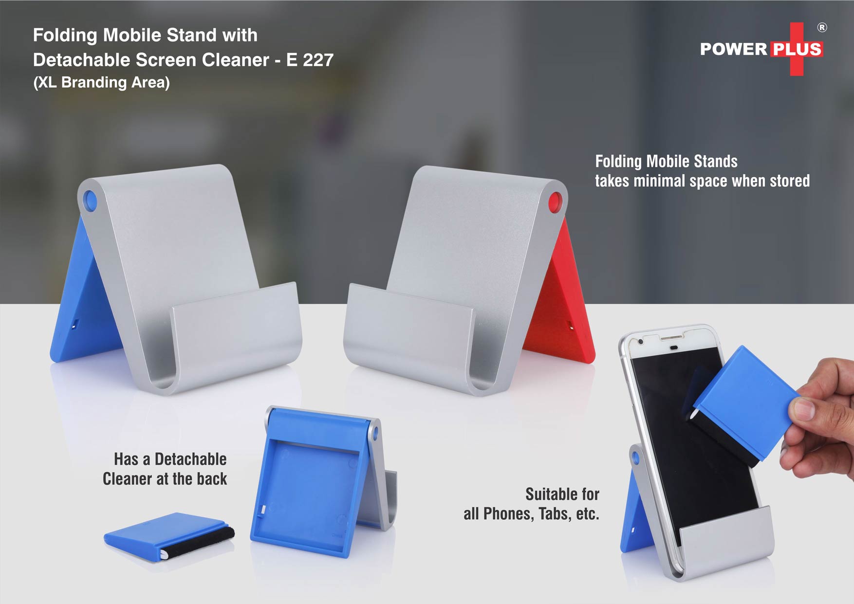 Folding mobile stand with detachable screen cleaner (XL
branding area)