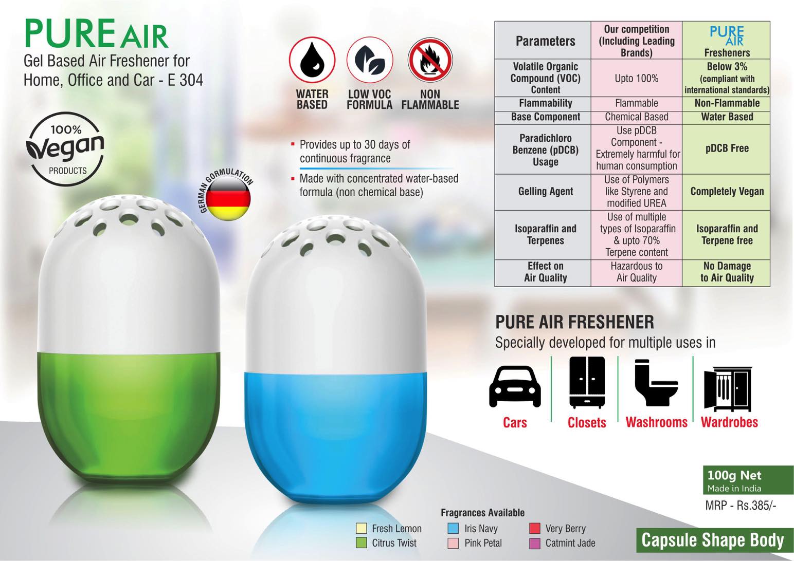 Pure Air: Gel based air freshener for Home, Office and Car |
Capsule shape | Net 100 grams | MRP 385