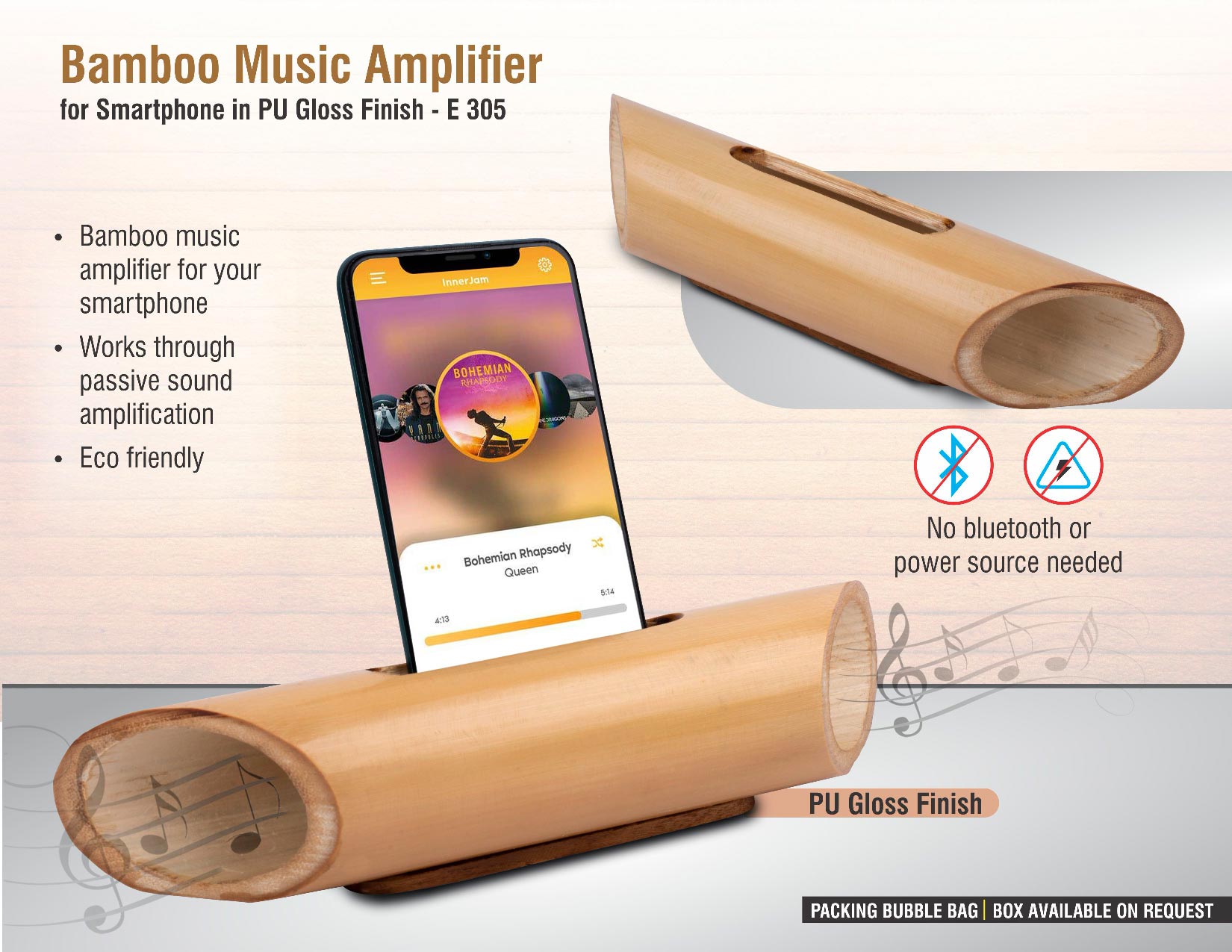 Bamboo Music Amplifier for Smartphones in PU gloss finish |
Universal Design