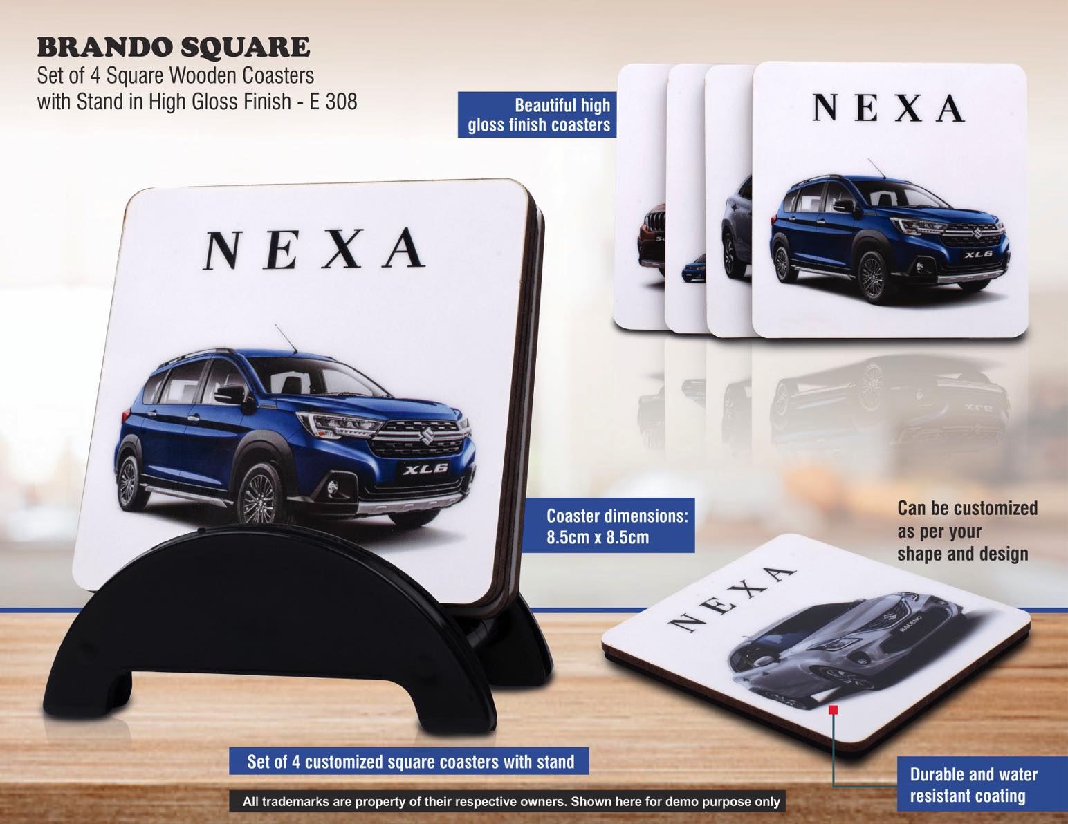 Brando Square: Set of 4 Square Wooden coasters with Stand in
High Gloss Finish | MOQ 100 pcs