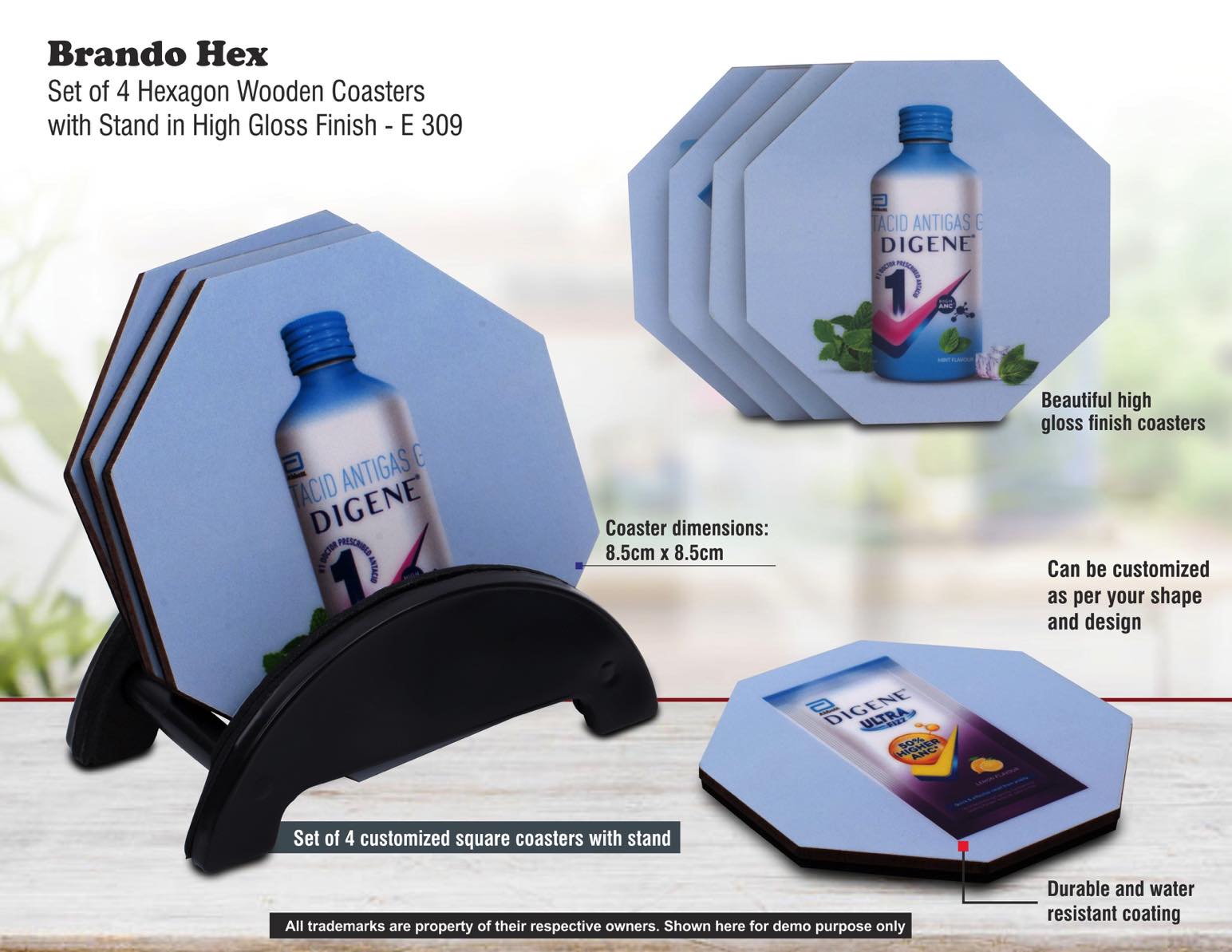 Brando Hex: Set of 4 Hexagon Wooden coasters with Stand in
High Gloss Finish | MOQ 100 pcs