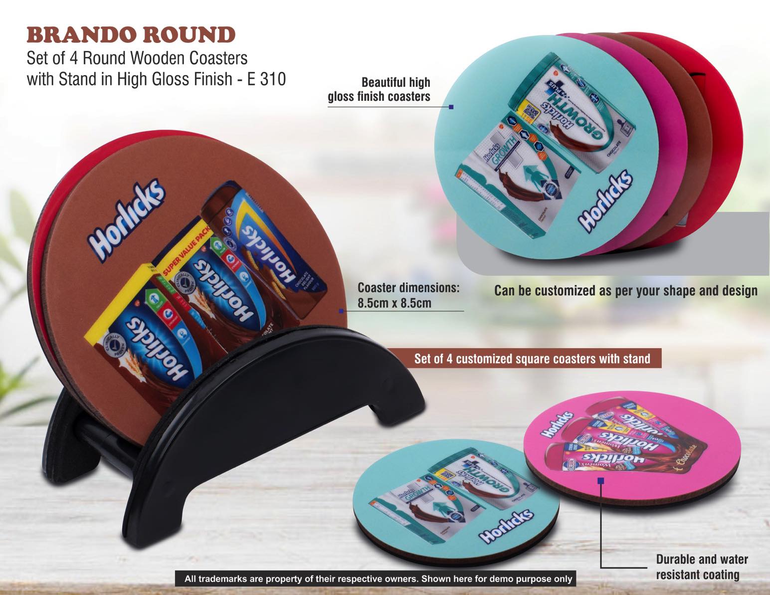 Brando Round: Set of 4 Round Wooden coasters with Stand in
High Gloss Finish | MOQ 100 pcs