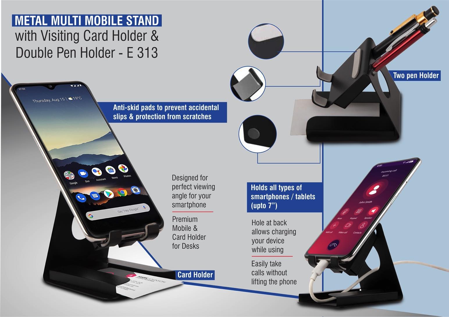 Metal multi mobile stand with Visiting card holder and double pen
holder