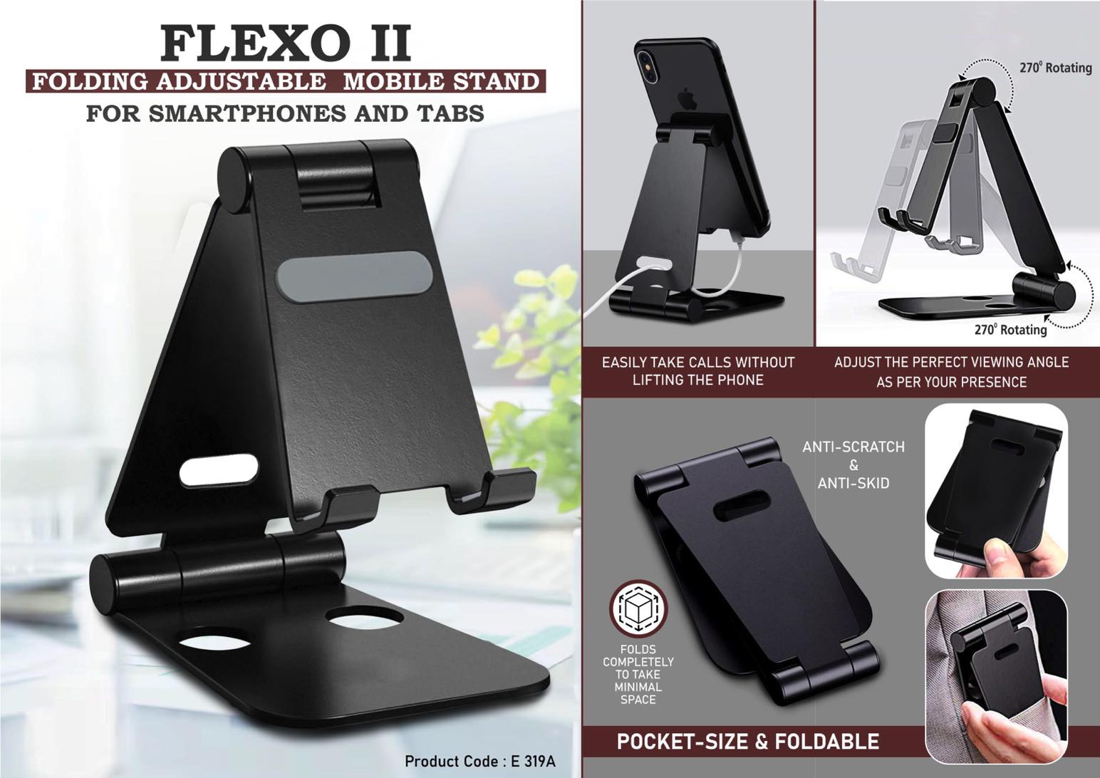 Flexo II: Folding Metal Mobile Stand for Smartphones and Tabs |
Folds completely to take minimal space | 3 fold style with double
angle adjustment -
https://youtu.be/cE81LsE01Pc