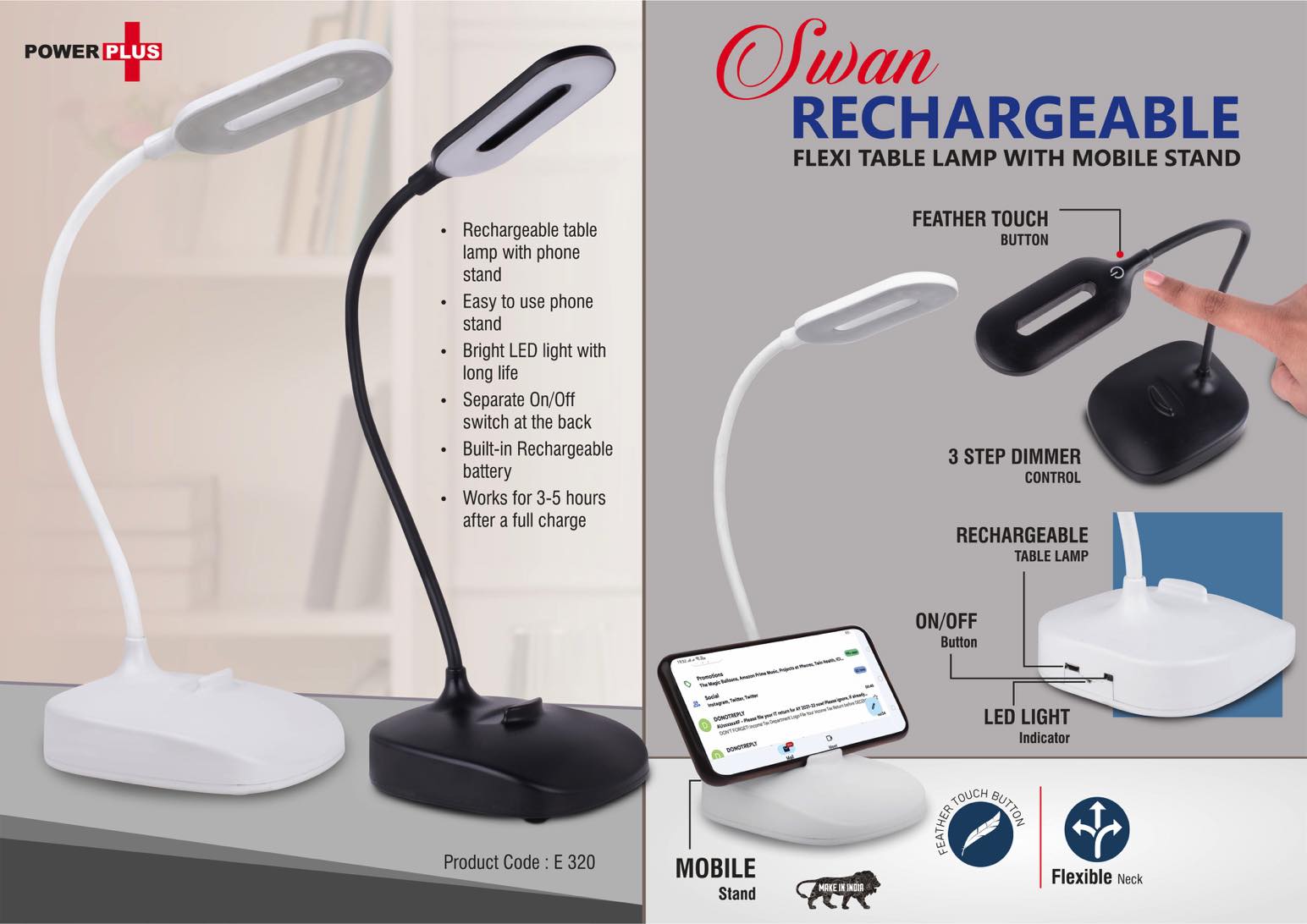 Rechargeable Flexi table lamp with Mobile stand | 3 step dimmer
control | Feather Touch button -
https://youtu.be/i101N0JcqJw