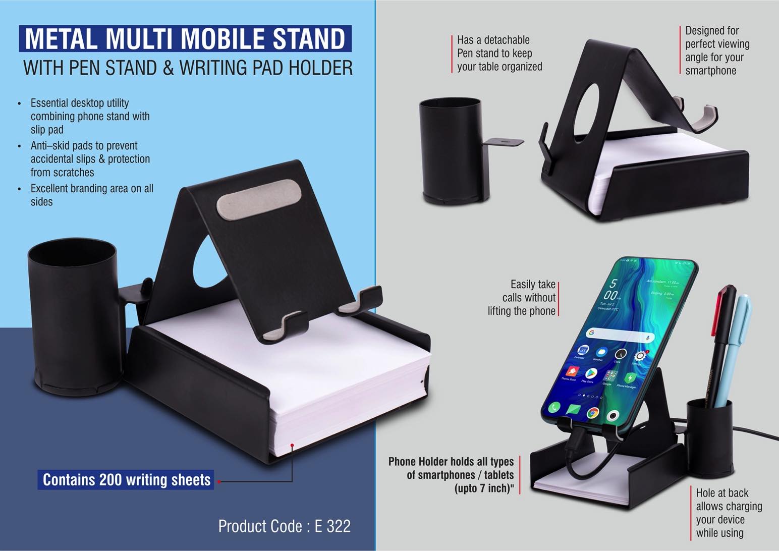 Metal mobile stand with Detachable Tumbler and Writing pad
holder | 200 writing sheets included
