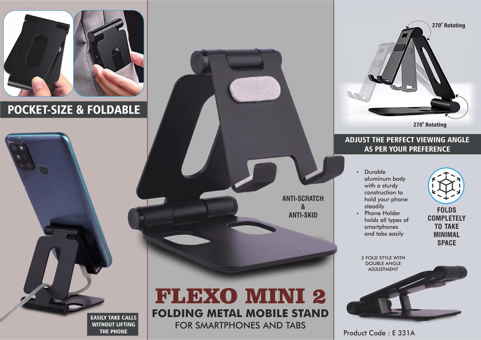 Flexo Mini 2: Folding Metal Mobile Stand for Smartphones and
Tabs | Folds completely to take minimal space | 3 fold style with
double angle adjustment