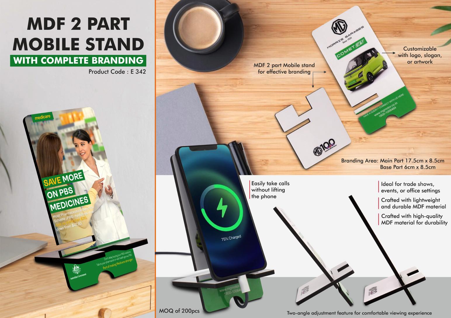MDF 2 part Mobile stand with complete branding | Double angle
adjustment | MOQ 200 pc