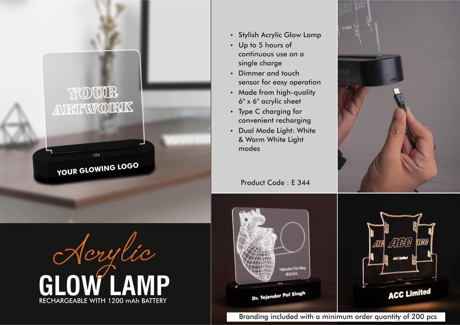 PowerGlow Acrylic Glow Lamp - Rechargeable | 1200 mAh
battery | White & Warm white light | Dimmer & Touch Sensor | 6
x 6" Acrylic sheet | Type C charging